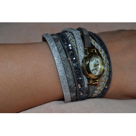 MONTRE BRACELET STRASS ET PAILLETTES /GRISE/2 TOURS