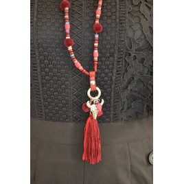 COLLIER SAUTOIR LONG TETE DE BUFFLE ROUGE